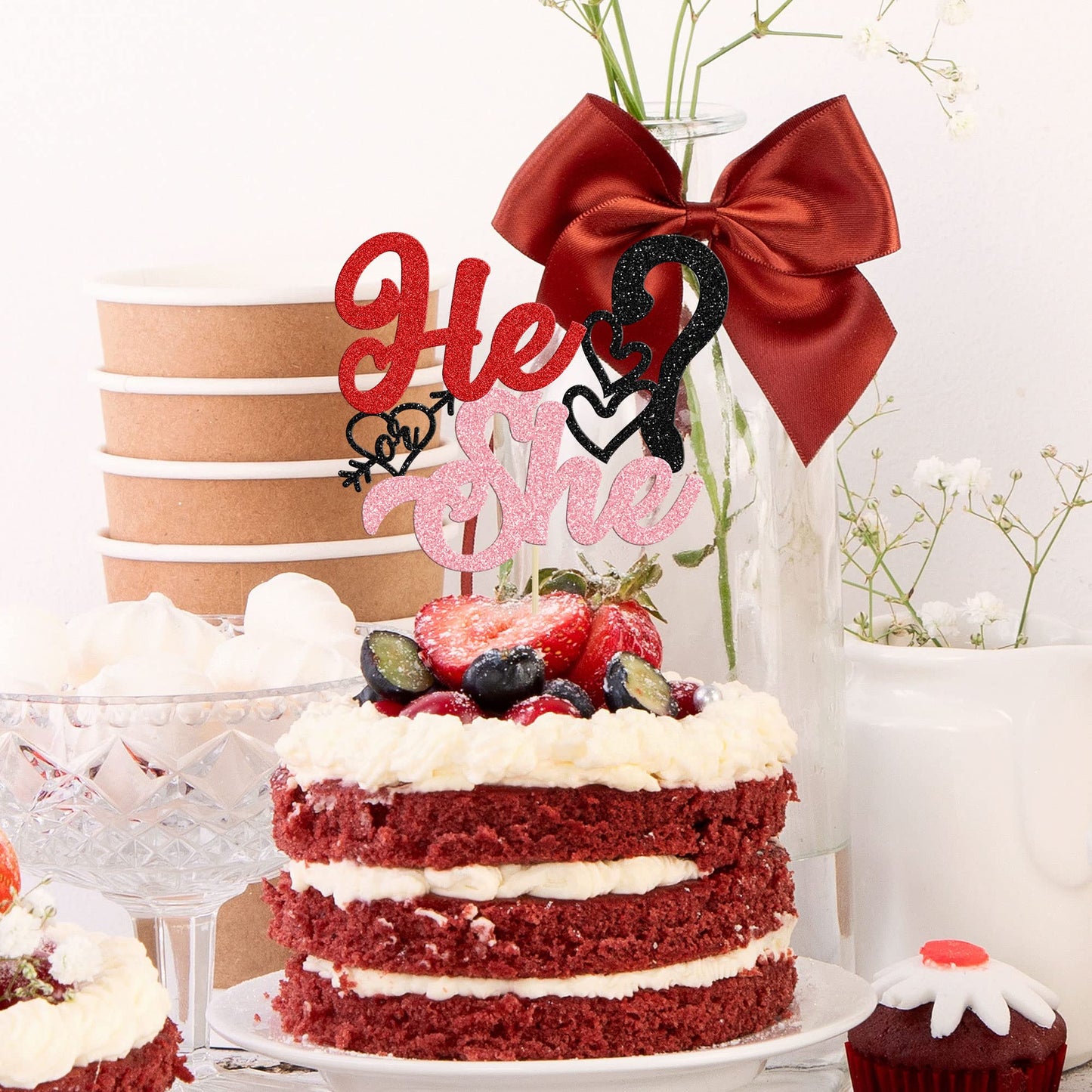 Gyufise 1Pc Happy Valentine's Day He or She Cake Topper Glitter Gender Reveal Cake Topper Decoration for Valentine Theme Birthda