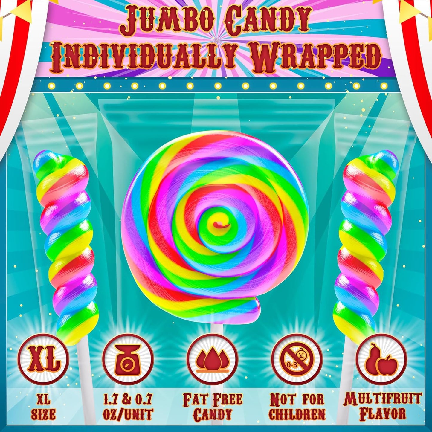 Primary Colors Candy Large Swirl Lollipops 12pk - Individually Wrapped Rainbow Candy for Party Favors