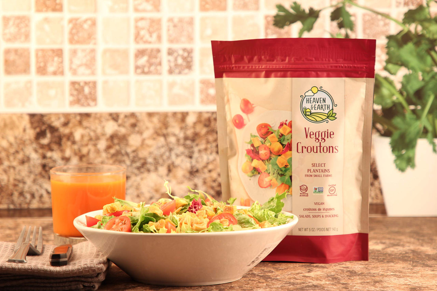 Heaven & Earth Veggie Croutons, 5oz (3 Pack) Gluten Free, Made from Plantains, Nothing Artificial, Great for Salads, Soups & Sna