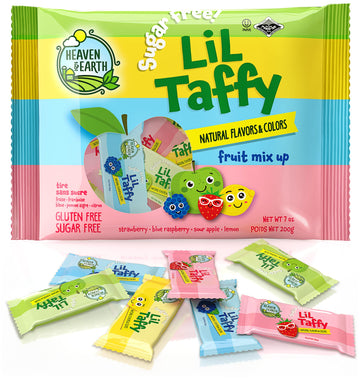 Heaven & Earth Sugar Free Lil Taffy Fruit Mix (Approx. 20 Count) | Dye Free Candy | Made With Natural Colors & Flavors, No High Fructose Corn Syrup, Gluten Free, Nothing Artificial, Goody Bag And Pinata Fillers, Kosher, Wonderfully Delicious!