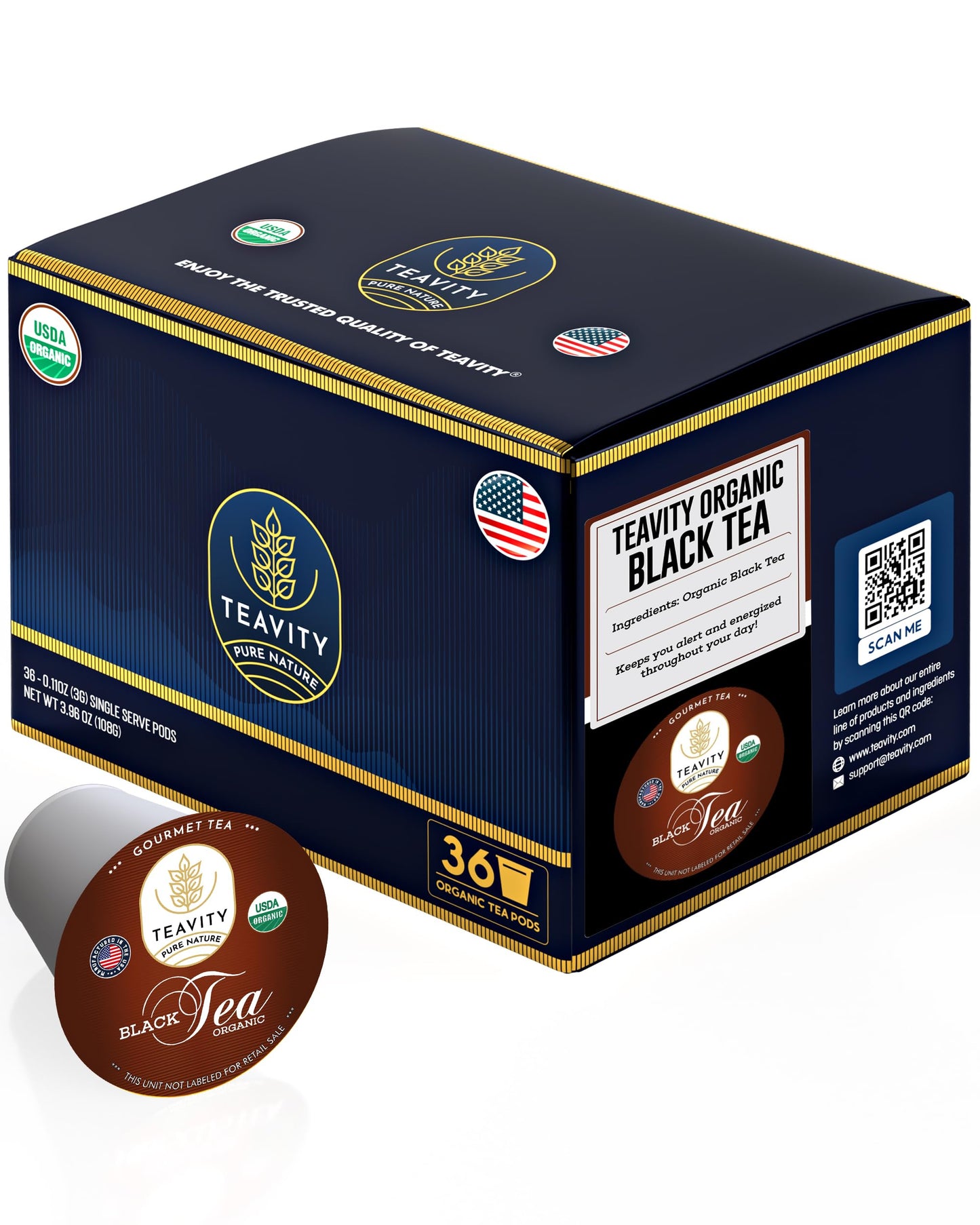 Organic Black Tea Pods for Keurig - Naturally Caffeinated Unsweetened Black Tea Pods by Teavity (36 Tea Pods)