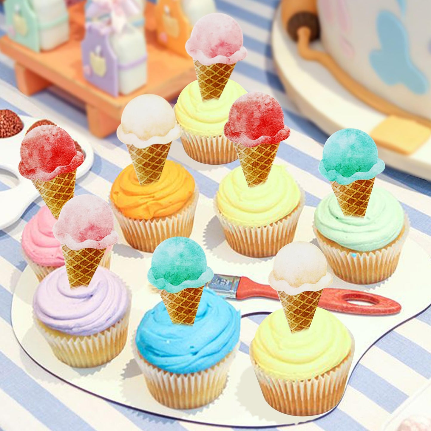 Ercadio 40 Pack Edible Ice Cream Cupcake Toppers Edible Cake Decoration Drink Topper Picks For Baby Shower Birthday Summer Hawai