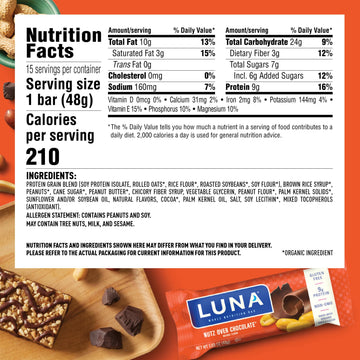 LUNA Bar - Nutz Over Chocolate Flavor - Snack Bars - Non-GMO - Gluten-Free Protein Bars - Made with Organic Oats (1 Count)