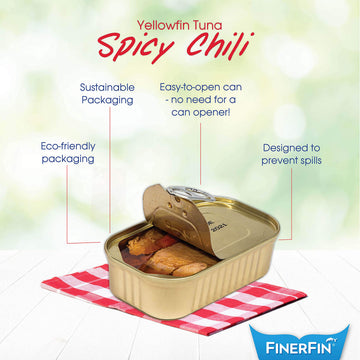 FinerFin Premium Spicy Chili Yellowfin Tuna Fillets in Organic Olive Oil, 4.4 oz - Gluten Free, Hand Cut Gourmet Ready-to-Eat