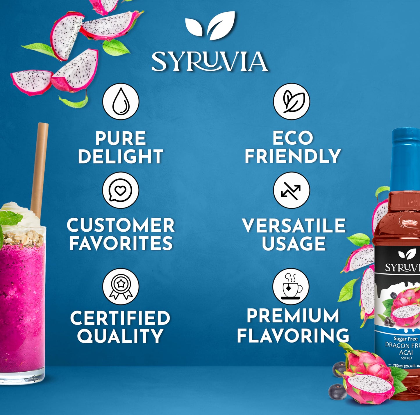 Syruvia Sugar-Free Dragon Fruit Acai Syrup - 25.4 Fl Oz. Premium Coffee Flavoring Syrup. 0 Calories, Kosher, And Gluten-Free. Pe