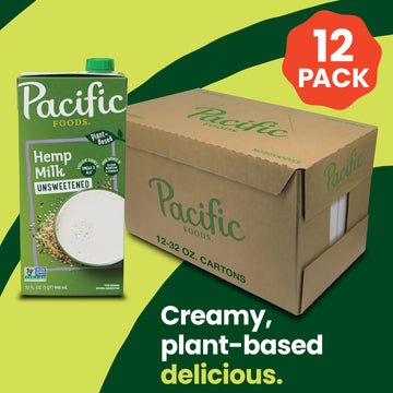Pacific Foods Hemp Original Unsweetened Plant-Based Milk, Keto Friendly, 32 Fl Oz (Pack of 12)
