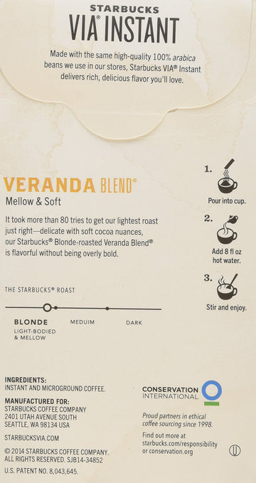 Starbucks Coffee Via Ready Brew, Instant Coffee, Veranda Flavor, 1 Box Of 8 Individual Servings