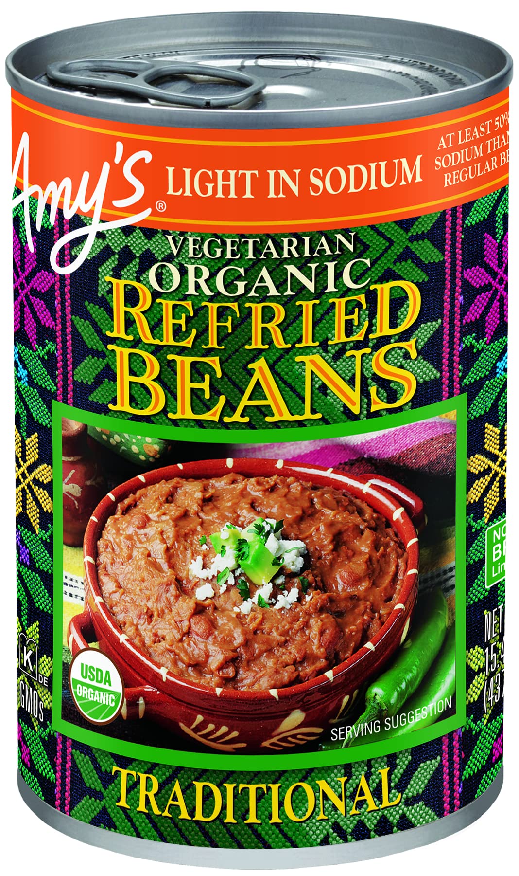 Amys Organic Refried Beans Canned Traditional Beans Light in Sodium Vegan. Gluten Free and Vegetarian 15.4 Oz