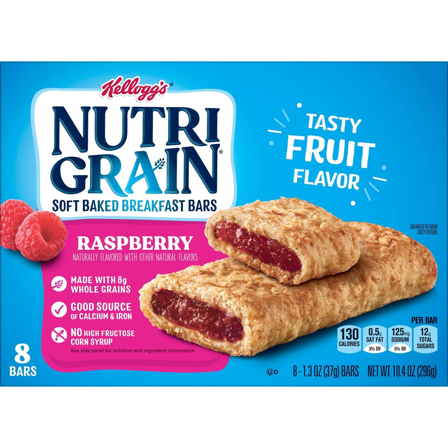 Nutri-Grain Soft Baked Breakfast Bars, Made with Whole Grains, Kids Snacks, Raspberry, 10.4oz Box (8 Bars)