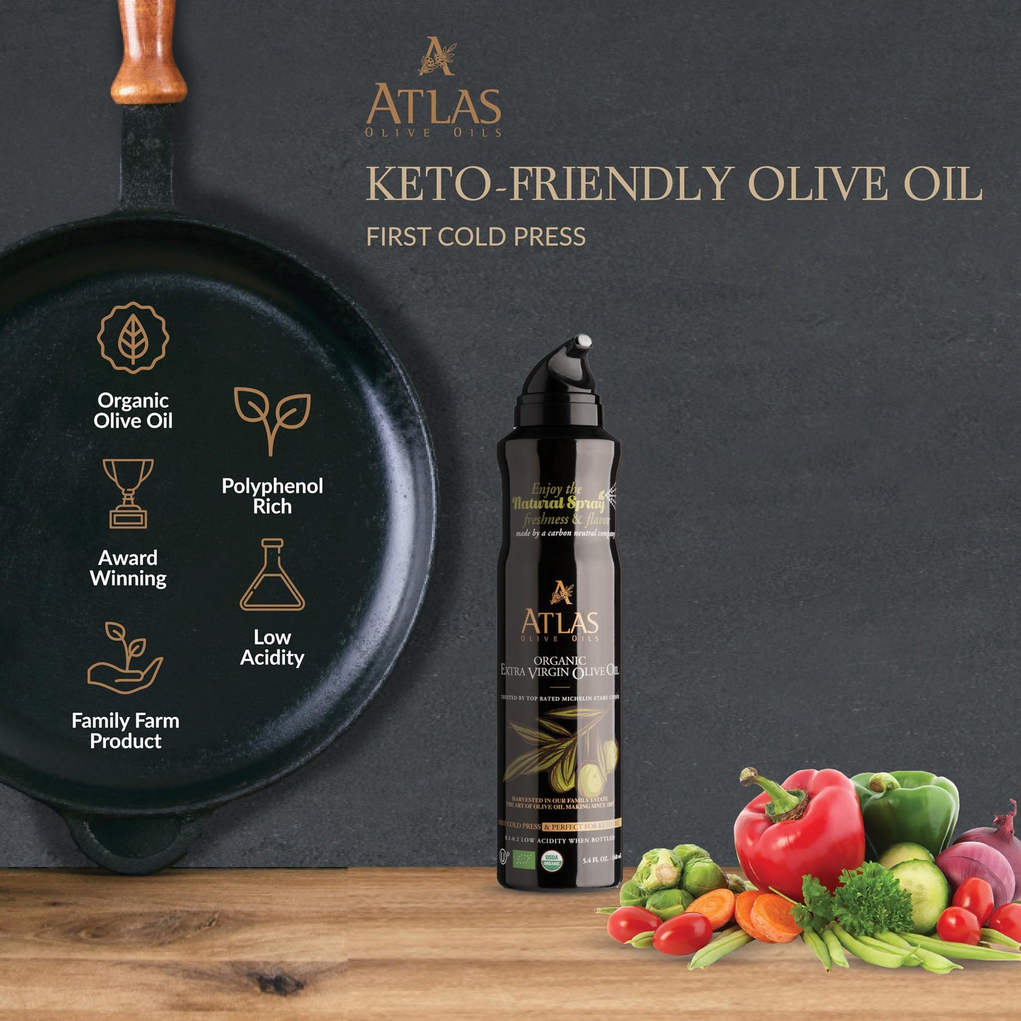 A ATLAS OLIVE OILS Olive Oil Spray, Extra Virgin, Non-Stick, Cold Pressed, 5.4 oz, 6 Pack