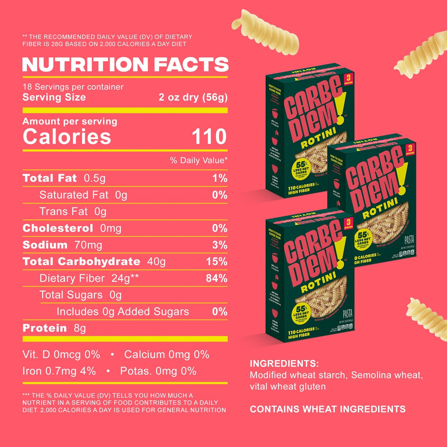 Carbe Diem! Rotini | 3X 12Oz Bags | Lower Net Carb Pasta With A Traditional Flavor & Texture | Pasta Re-Imagined For Healthy Lif