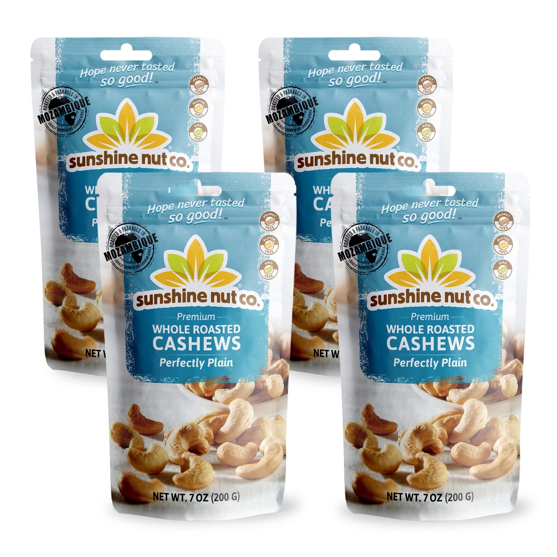 Sunshine Nut Co. Whole Roasted Cashews, Perfectly Plain Flavor, No Added Salt, 4 Pack, 7 Oz. Each, Gluten Free, Peanut Free And Vegan Individual Snack Packs For Kids And Adults, Gmo Free