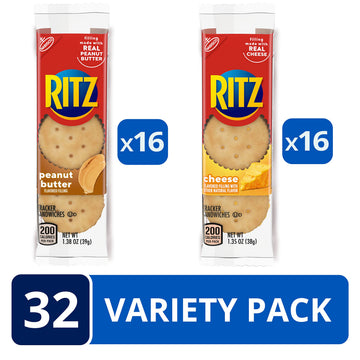 RITZ Peanut Butter Sandwich Cracker Snacks and Cheese Sandwich Crackers, Snack Crackers Variety Pack, 32 Snack Packs (6 Crackers