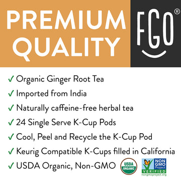 FGO Organic Ginger Tea K-Cup Pods - Caffeine-Free, Keurig Compatible, 24 Count, Pack of 1