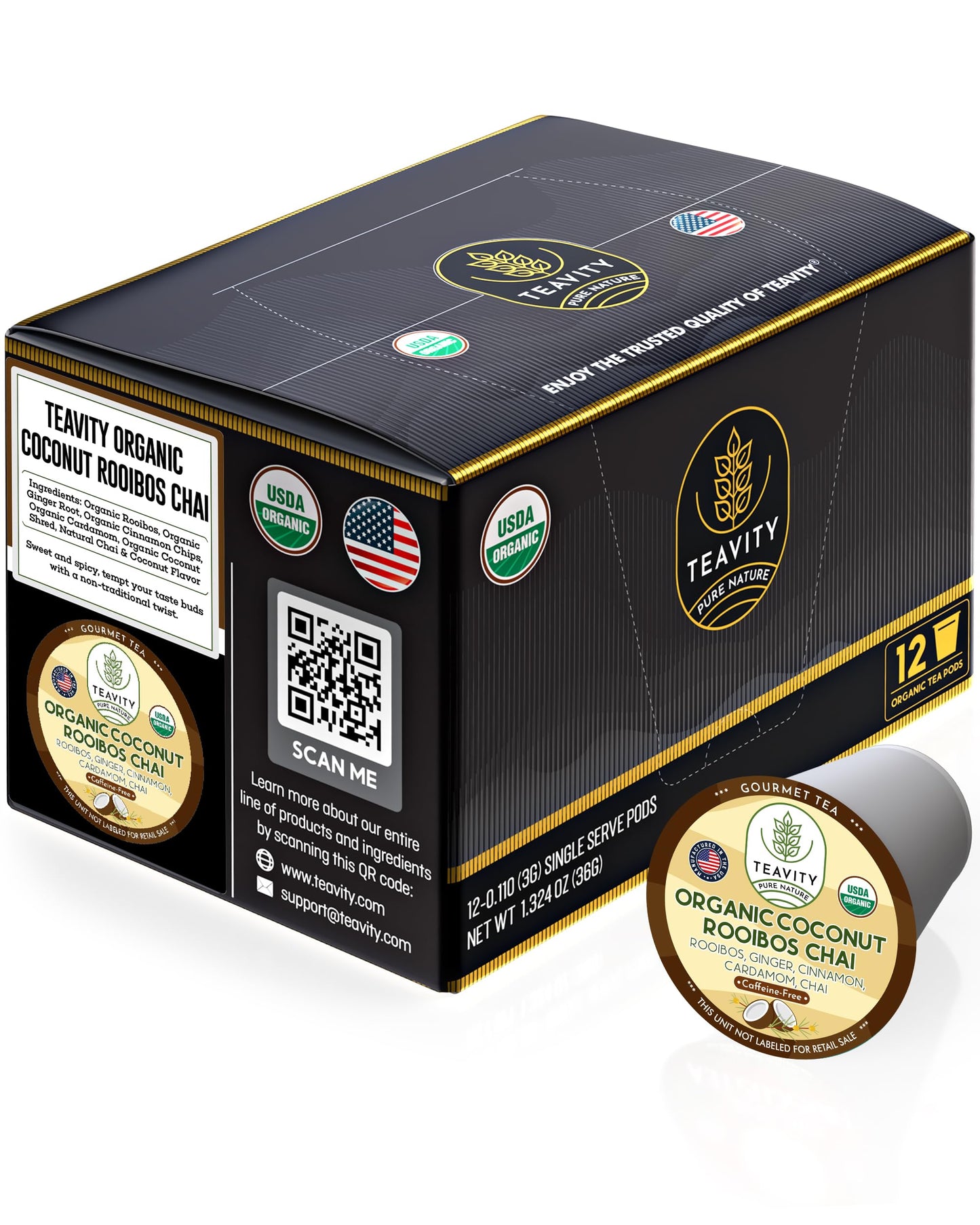 Coconut Rooibos Chai Tea Pods for Keurig - Organic Ginger Tea, Rooibos, Cinnamon, Cardamom, Coconut & Chai by Teavity (12 Tea Po