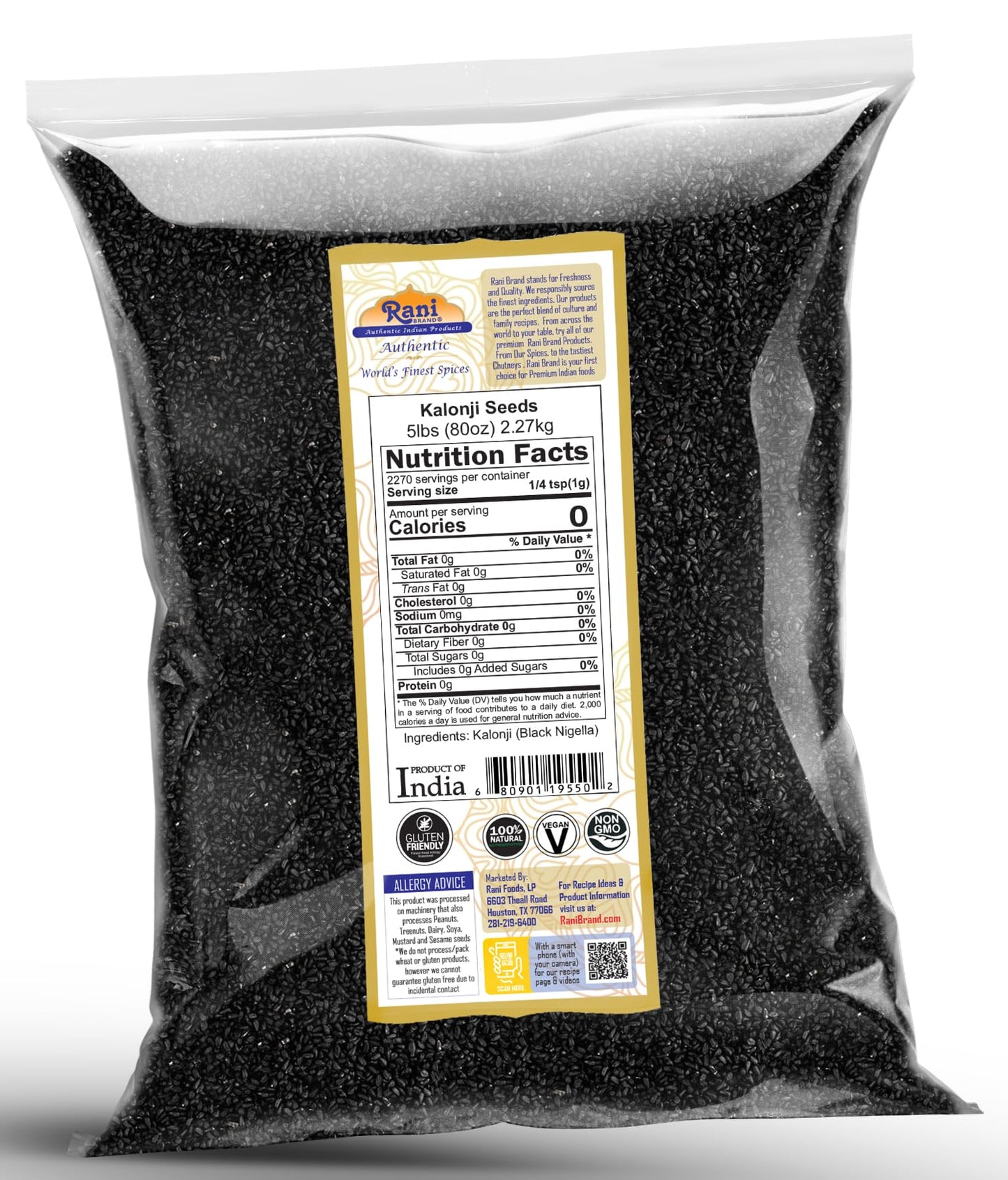 Rani Kalonji (Black Seed, Nigella Sativa, Black Cumin) Seeds 80Oz (5Lbs) 2.27Kg Bulk ~ All Natural | Gluten Friendly | Non-Gmo | Vegan | Indian Origin