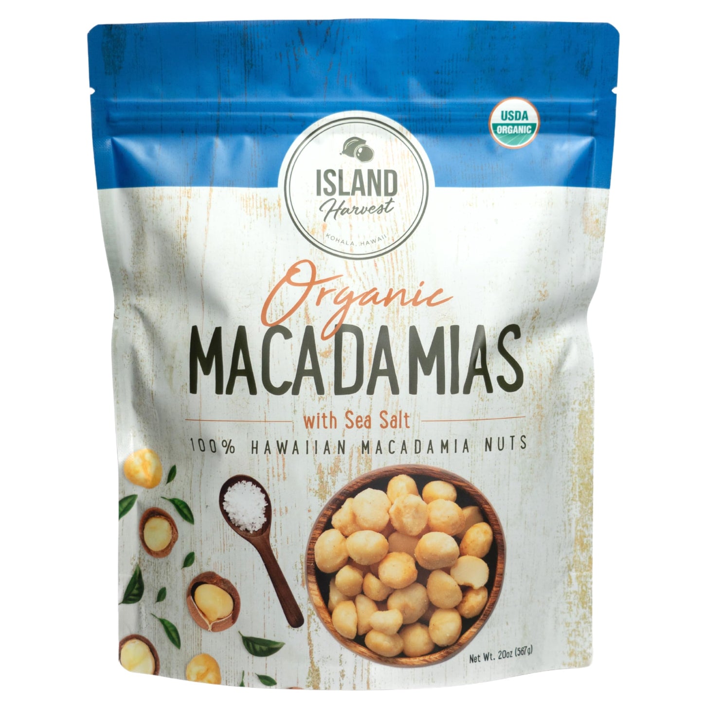 Island Harvest Organic Macadamia Nuts with Sea Salt - 100% Hawaiian Keto Friendly Nuts All-Natural Non-GMO Macadamia Nuts Salted Gluten-Free Dry Roasted Whole and Half Nuts; 20 Ounce (Pack of 1)