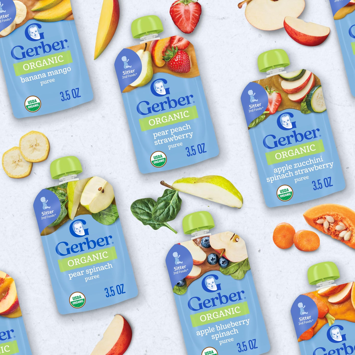 Gerber Stage 2 Baby Food, Organic Apple Blueberry Spinach, Pear Peach Strawberry, And Carrot Apple Mango Puree Pouches, 18-Pack