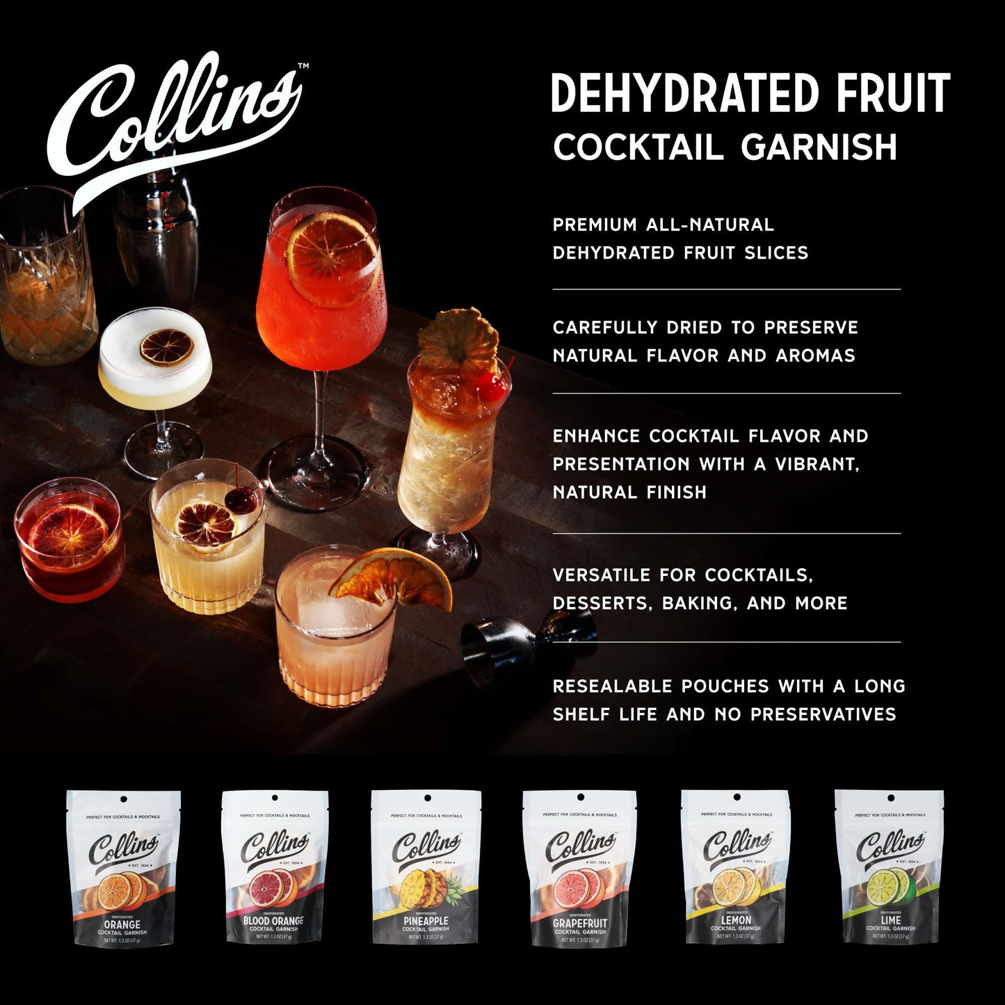 Collins Dehydrated Lemon Slices, Set of 1, 1.3 oz, Yellow, Premium Garnish for Cocktails and Desserts, Model 11755