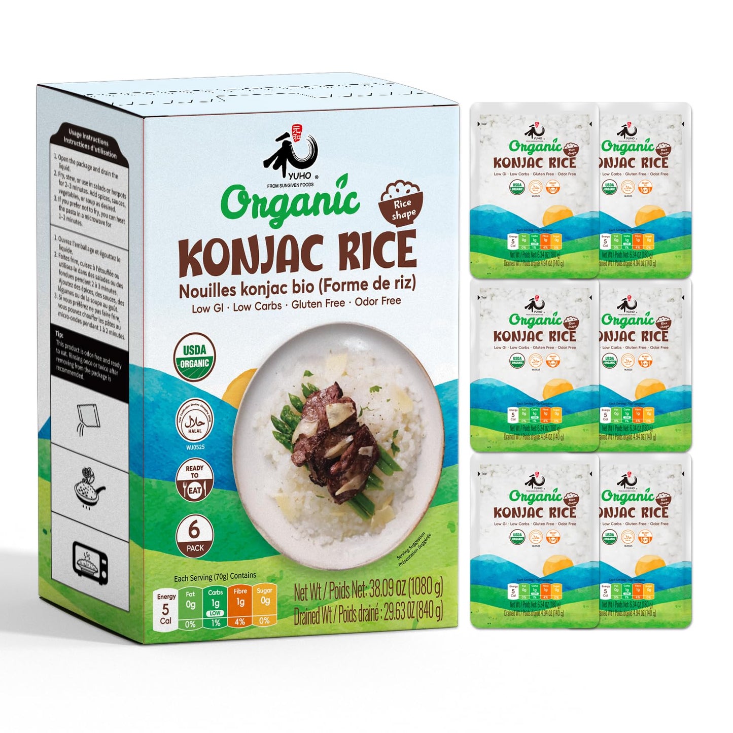 YUHO Organic Konjac Shirataki Rice Low Carb Pasta 38.09 Oz (1080 g) USDA Organic Healthy Noodle (6 Pack Inside) Keto and Paleo Friendly Low Calorie Sugar Free Vegan Ready to Eat