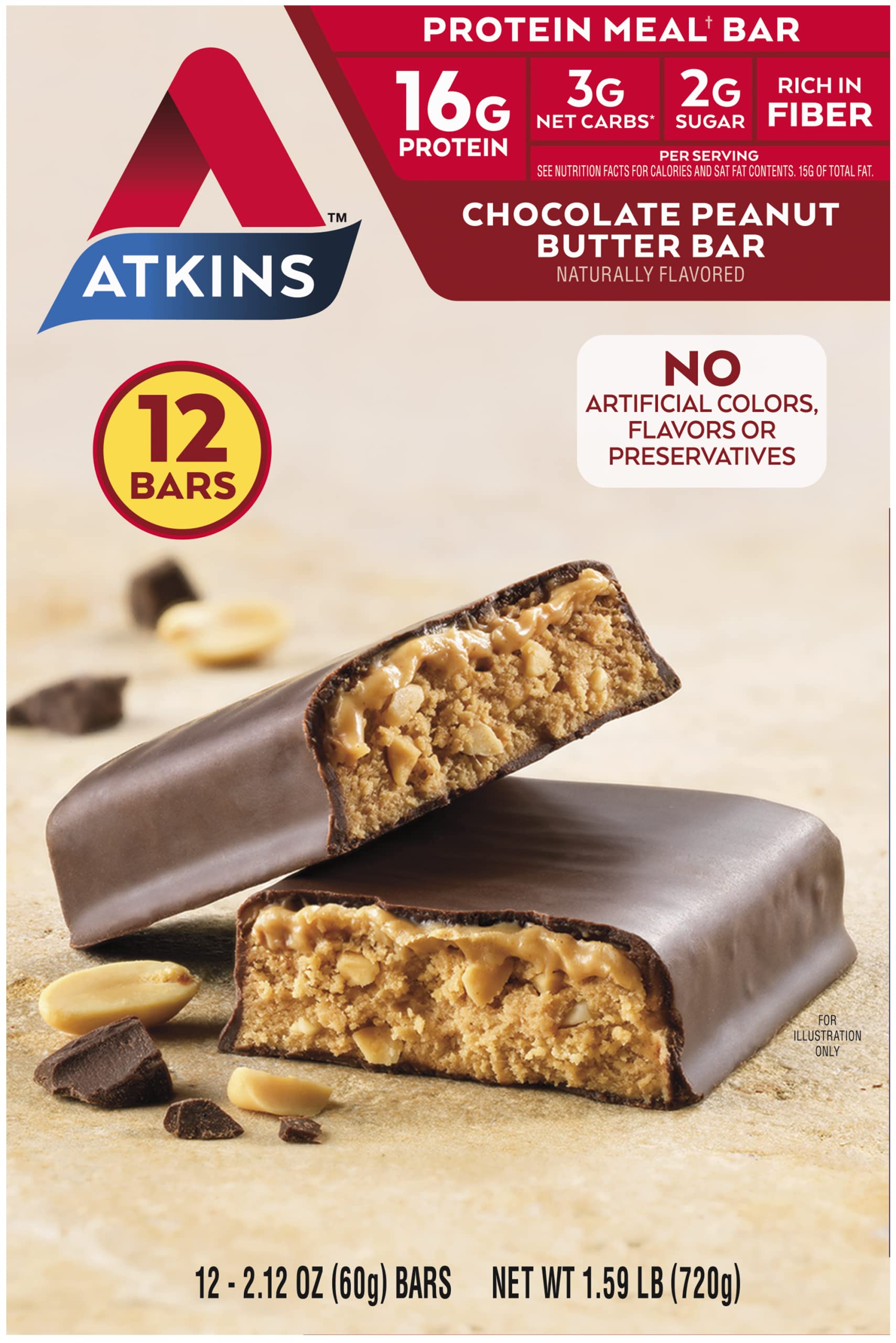 Atkins Chocolate Peanut Butter Protein Meal Bar, High Fiber, 16g Protein, 2g Sugar, 3g Net Carb, Meal Replacement, Low Carb, Ket
