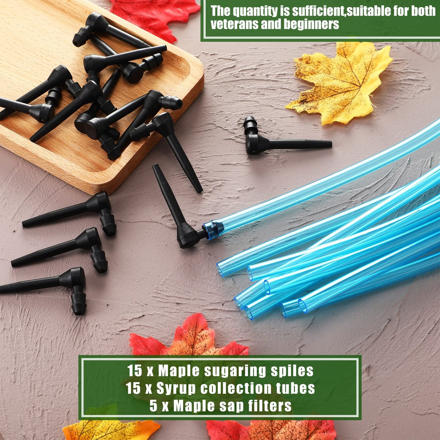 Tegeme 35 Pcs Maple Syrup Tapping Kit 15 Plastic Tree Taps Spiles 15 Syrup Collection Tubes Drops with 5 Sap Filter for Maple Bi