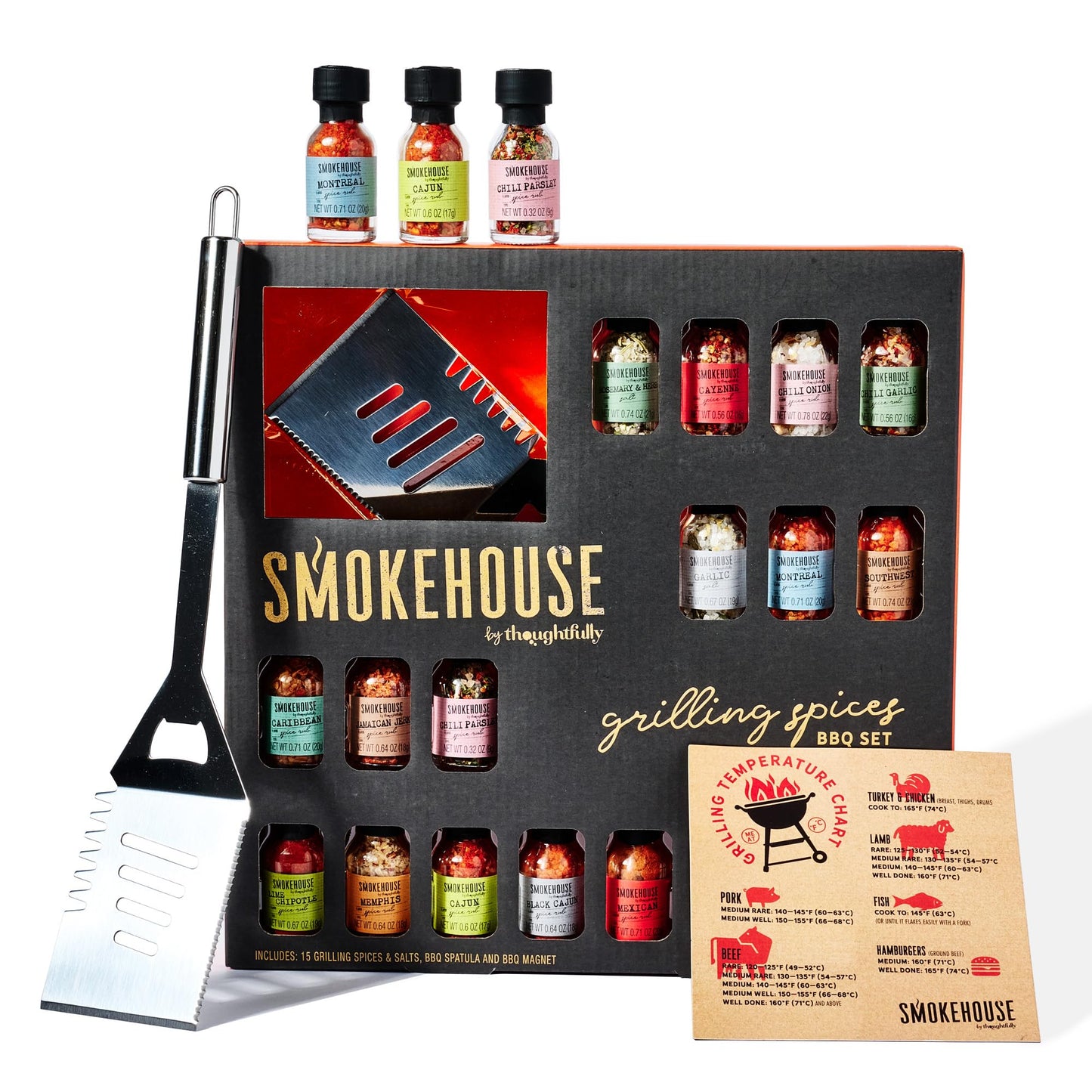 Smokehouse By Thoughtfully Grilling Spices Bbq Set Includes Bbq Spatula Magnet And 15 Flavorful Seasoning And Rubs - Great Gift For Holiday Men Dad Husband