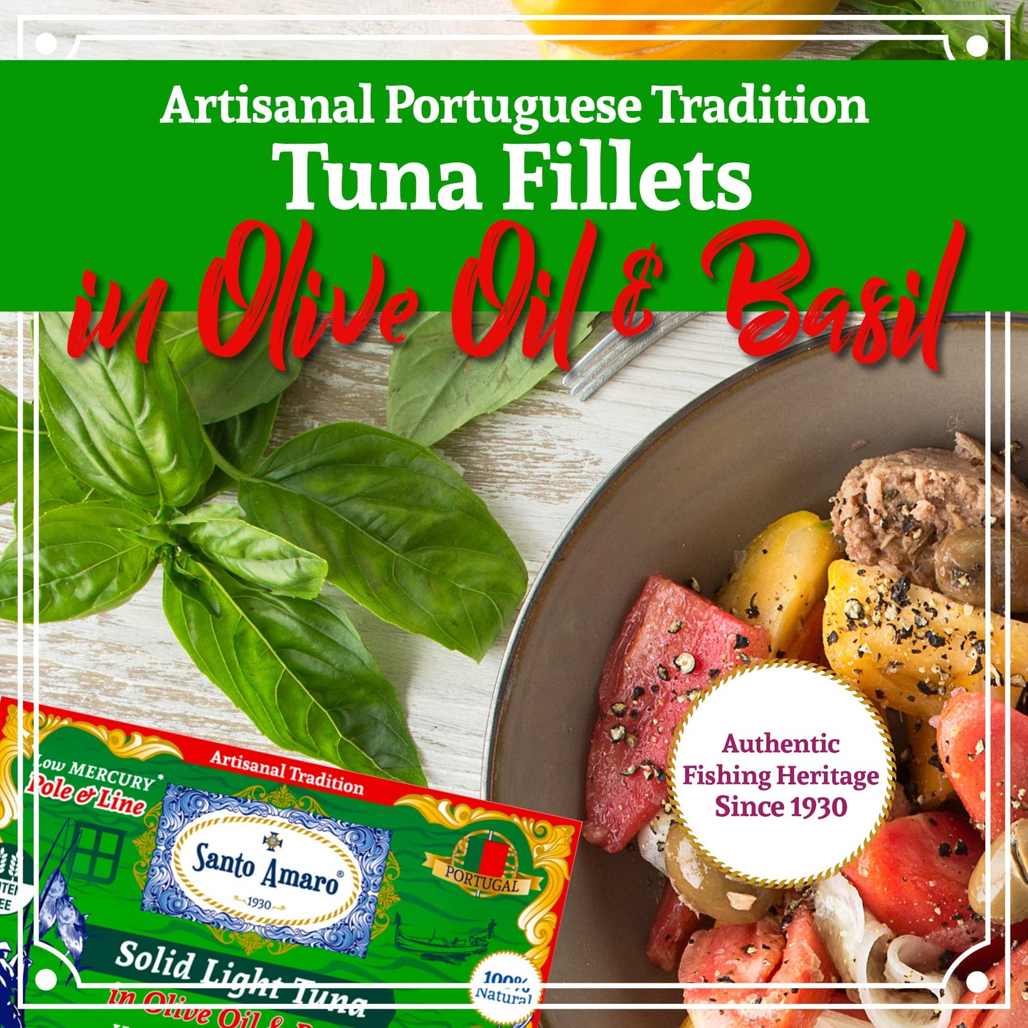Santo Amaro Artisanal Wild Tuna Fillets in Olive Oil & Basil, 4.2 oz (Pack of 3), Pole & Line Caught, Keto Friendly, Low Mercury