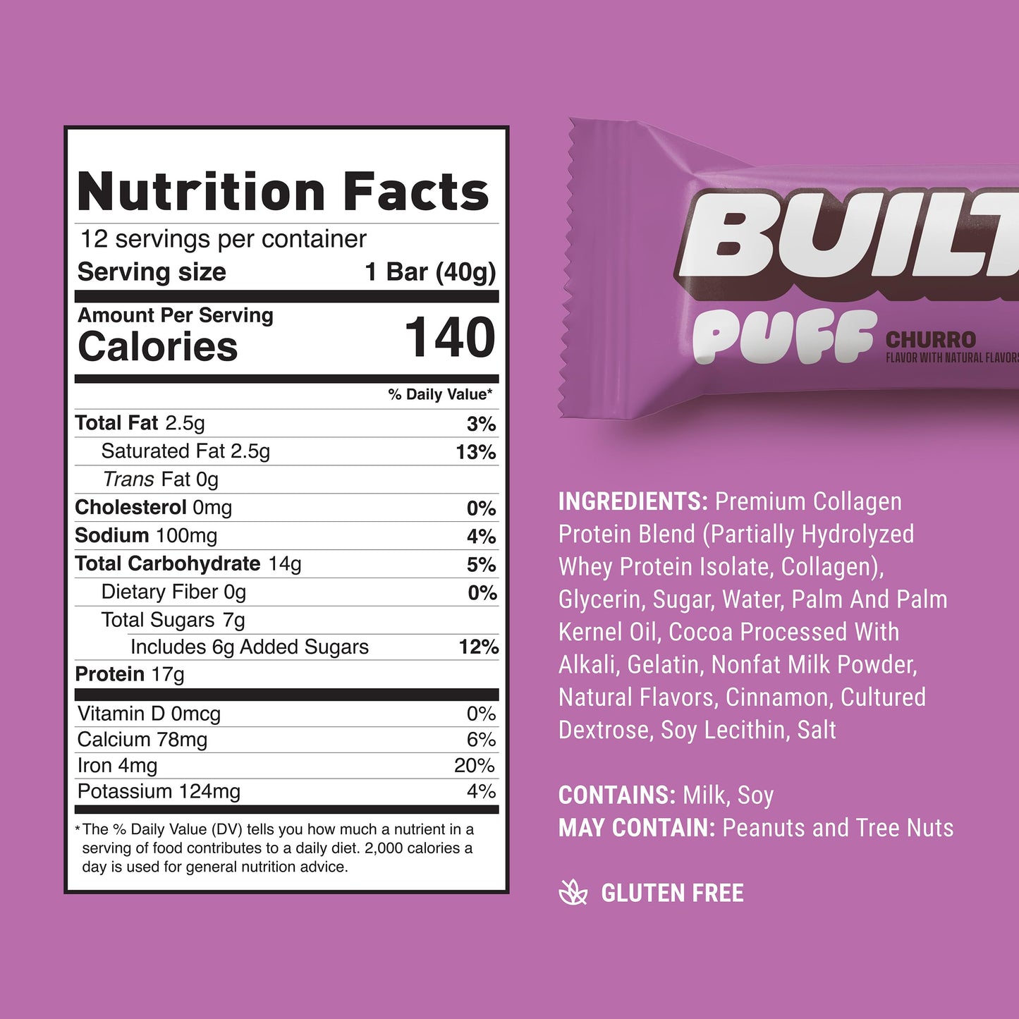 Built Bar, Puff Protein Bars, Churro Puff, 17G Protein Snacks, On-The-Go Bars, Only 140 Calories & 6G Sugar, Collagen, Gluten Fr