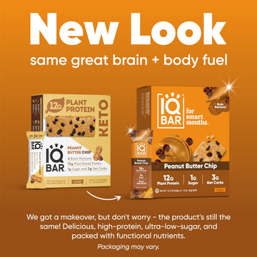 IQBAR Brain and Body Plant Protein Bars - Peanut Butter Chip - 12 Count, Low Carb, High Fiber, Gluten Free, Vegan Snacks - Low S