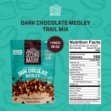 Second Nature Dark Chocolate Medley Trail Mix, Gluten-Free Snack, 26 oz Resealable Pouch, Pack of 1