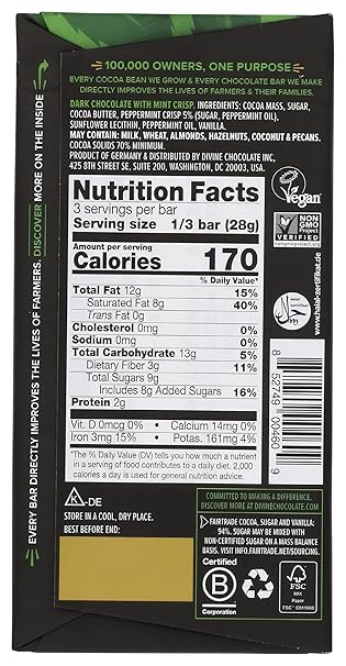 DIVINE CHOCOLATE Chocolate, 70% Dark Chocolate with Mint Crisp, 3 Oz