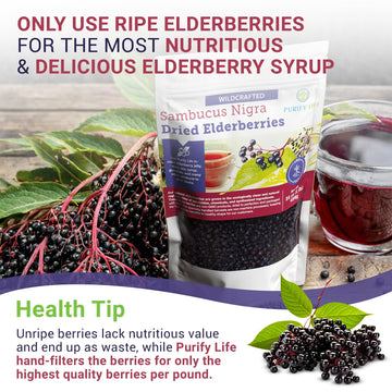 Purify Life Dried Elderberries - 1lb Bulk, Wildcrafted, Non-GMO, Whole, Model DE1