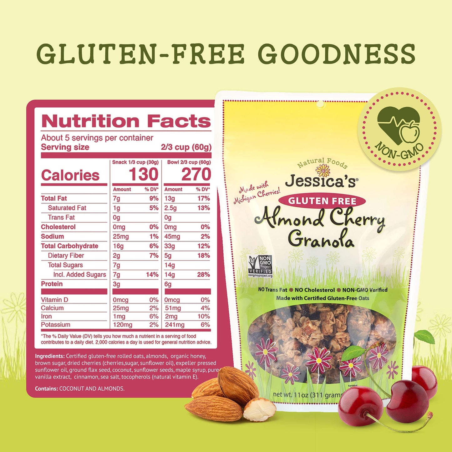 Jessicas Natural Foods - Gluten-Free Almond Cherry Granola made with dried Michigan cherries and toasted almonds, Non-GMO, no ar
