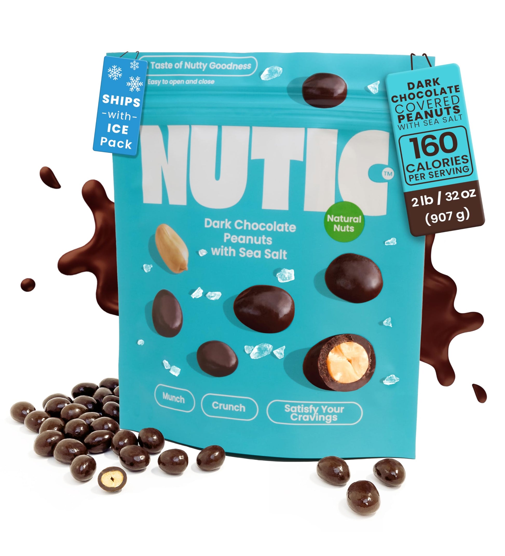 Nutic Sea Salt Dark Chocolate Covered Peanuts - 2 Lb. Luxurious Gourmet Snack Ideal For Dark Chocolate, Almond & Cashew Lovers,