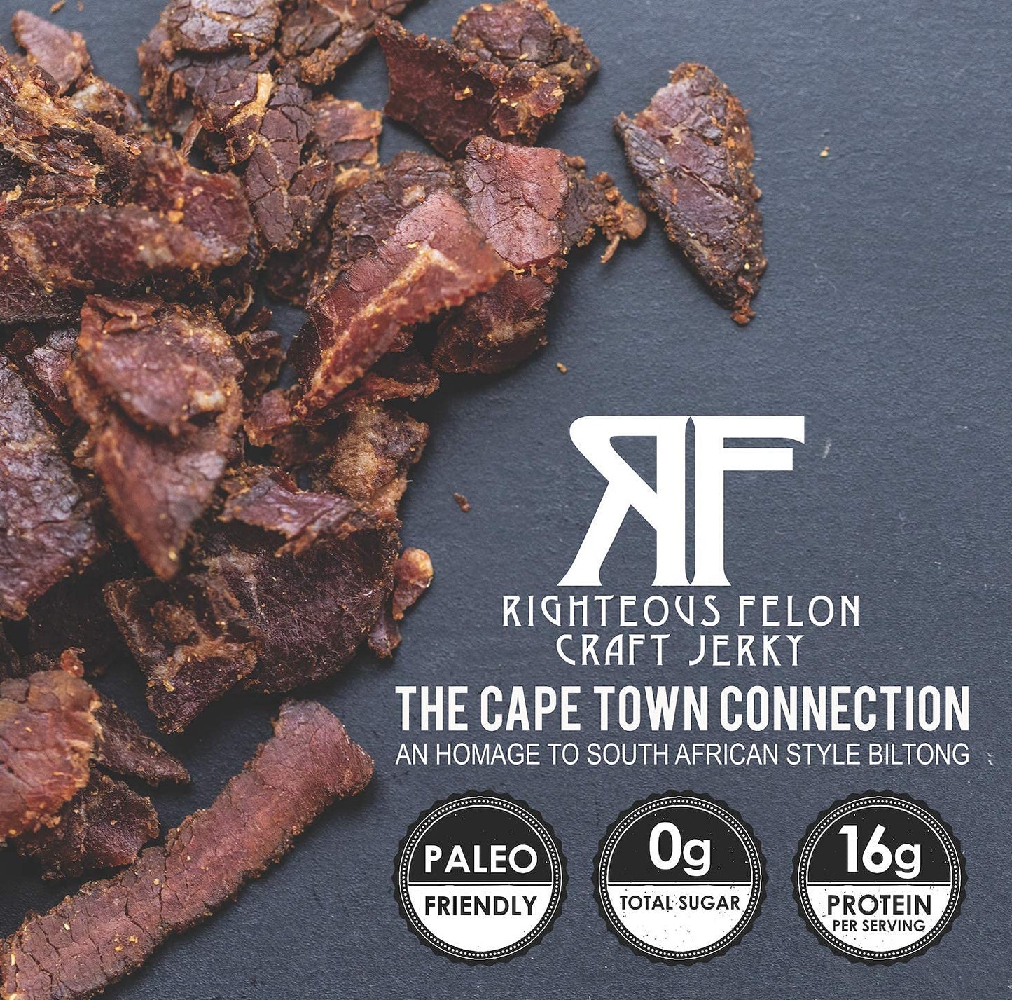 Righteous Felon Beef Jerky, Mens Gift, Gluten Free Biltong Meat Snack, Healthy Snacks For Adults, High Protein, Zero Sugar, Low