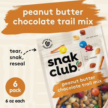 Snak Club Peanut Butter Chocolate Trail Mix With Peanuts, Peanut Butter M&Ms, Toffee Peanuts, And Pretzels, 6 Oz Per Bag, 6 Rese