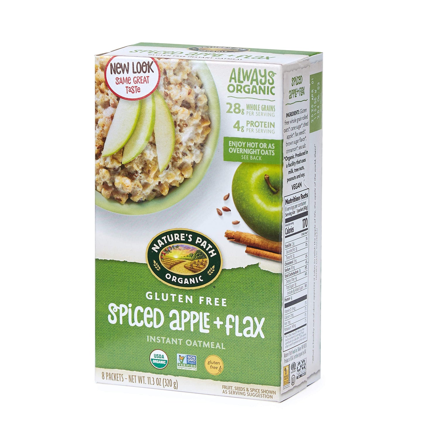 Nature's Path Organic Gluten Free Spiced Apple Plus Flax Instant Oatmeal, 48 Packets (Pack Of 6), Non-GMO, 28g Whole Grains, 4g