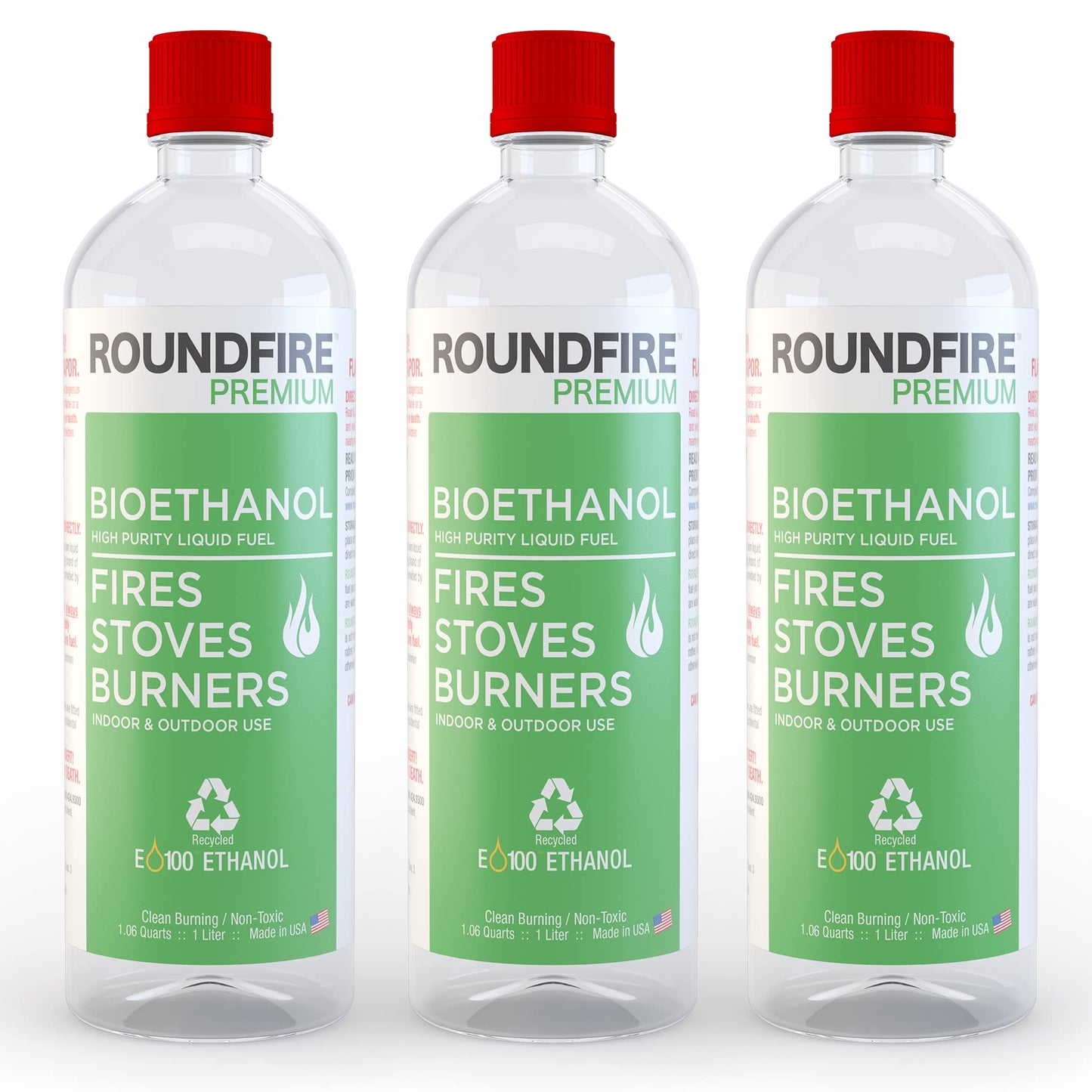 ROUNDFIRE Premium 3 x 1 Liter - Bioethanol Fuel for fireplaces Stoves and Burners (3 Quart)-New