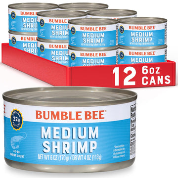 Bumble Bee Medium Canned Shrimp, 6 oz Cans (Pack of 12) - Shrimp in Water, Cooked, Peeled, Deveined - 22g Protein per Serving -