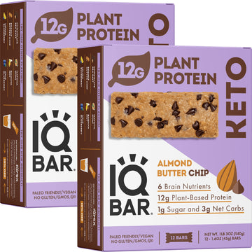 IQBAR Brain and Body Plant Protein Bars - Almond Butter Chip - 24-Count Low Carb - Gluten Free High Fiber Vegan Snacks - Low Sugar Meal Replacement