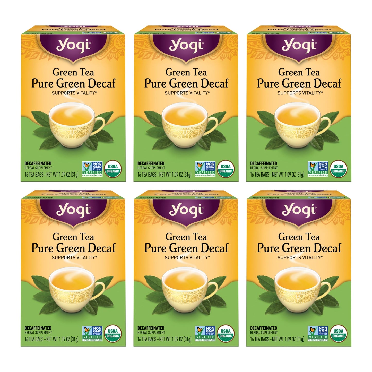 Yogi Tea - Green Tea Pure Green Decaf (6 Pack) - Supports Vitality - 96 Tea Bags