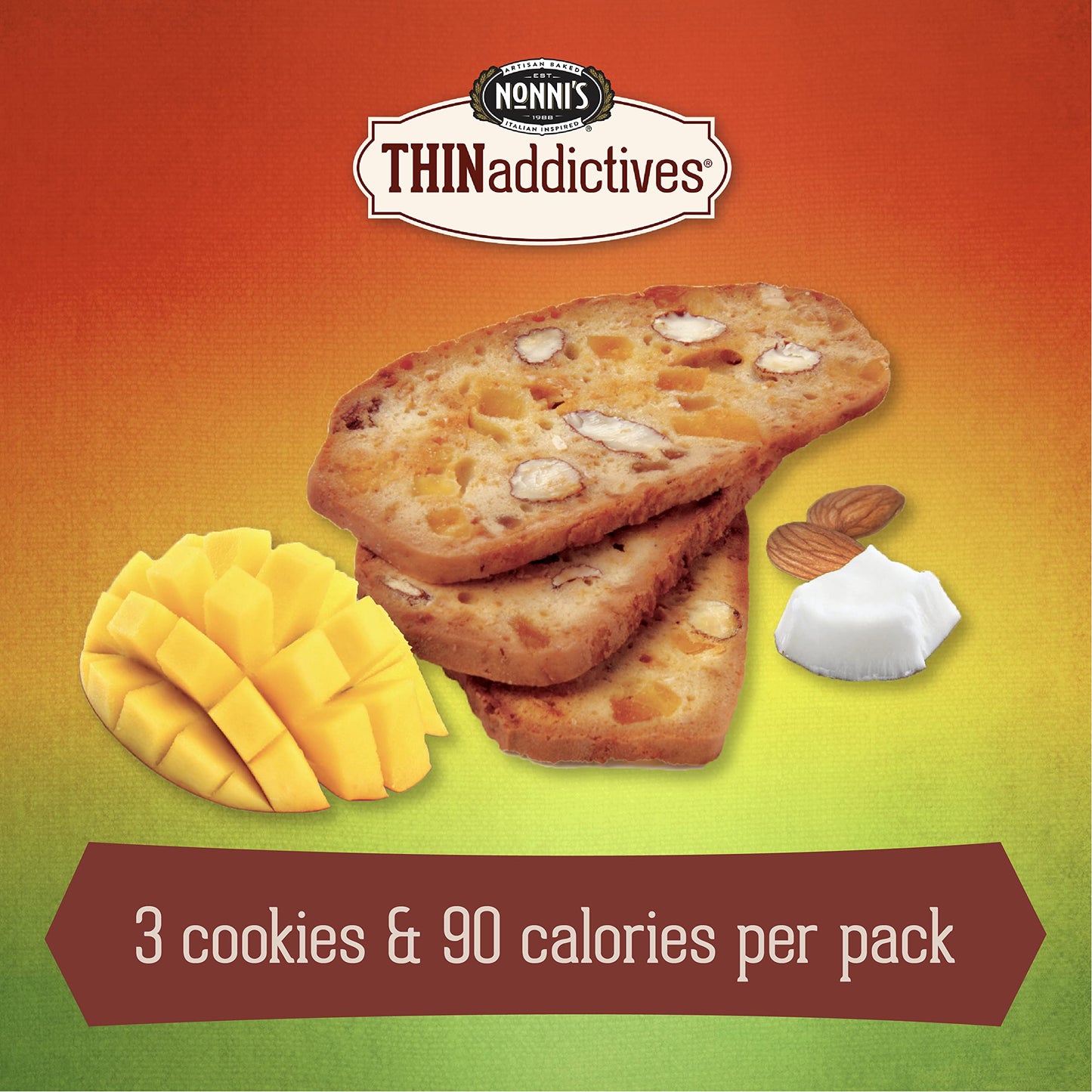 Nonni's THINaddictives Almond Thin Cookies - Mango & Coconut Biscotti, 4.4 oz - Sweet & Chewy Individually Wrapped Kosher Coffee Cookies