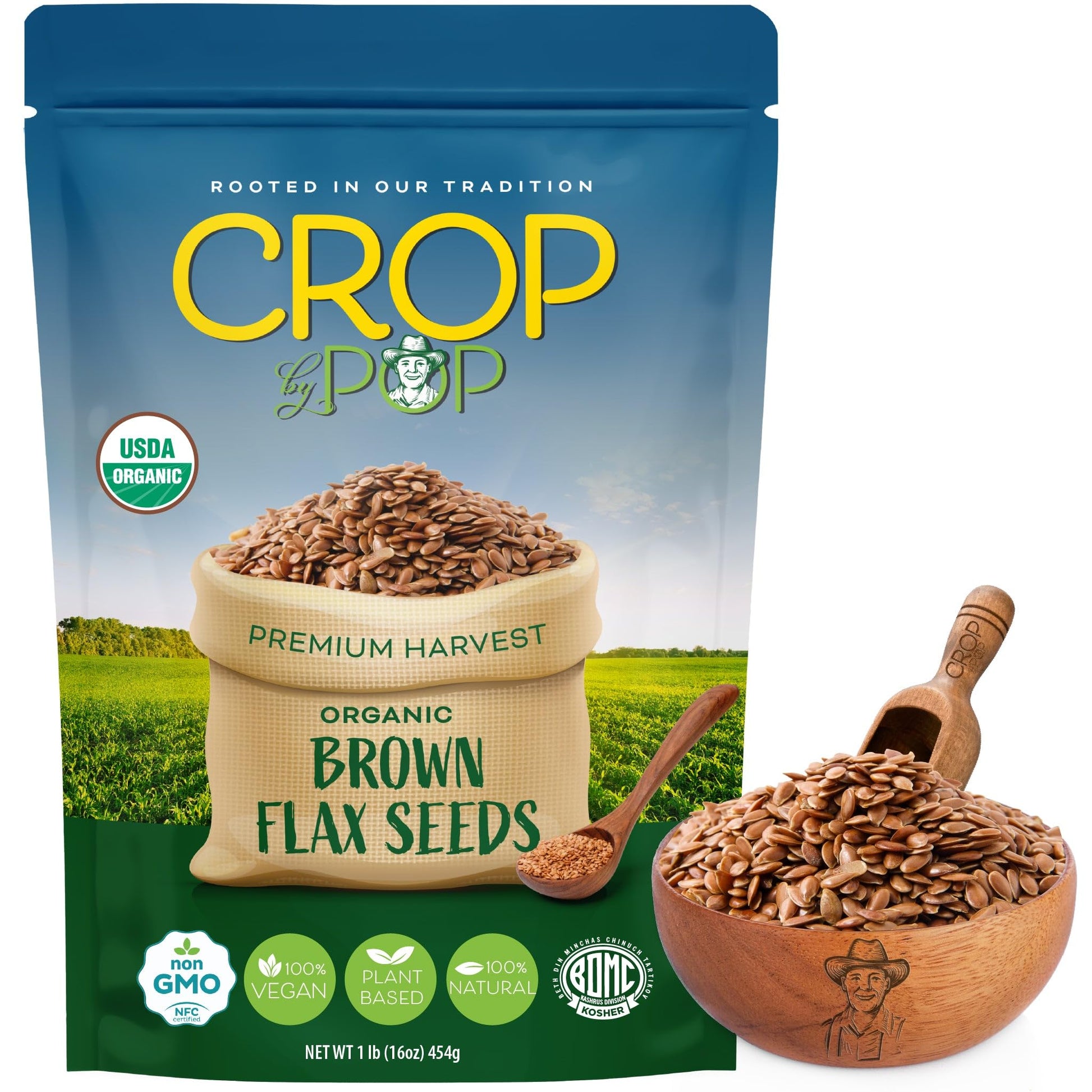 CROP BY POP - Organic Brown Flax Seeds - Raw, Whole, Non-GMO, High Fiber & Omega-3 - (16oz - 2 LB) Perfect for Smoothies, Baking