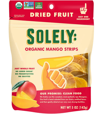 Solely - Organic Dried Mango Strips (5 Oz Resealable Bags, Pack Of 6) - Real Fresh Fruit - 1 Ingredient - Healthy Snacks For Adu