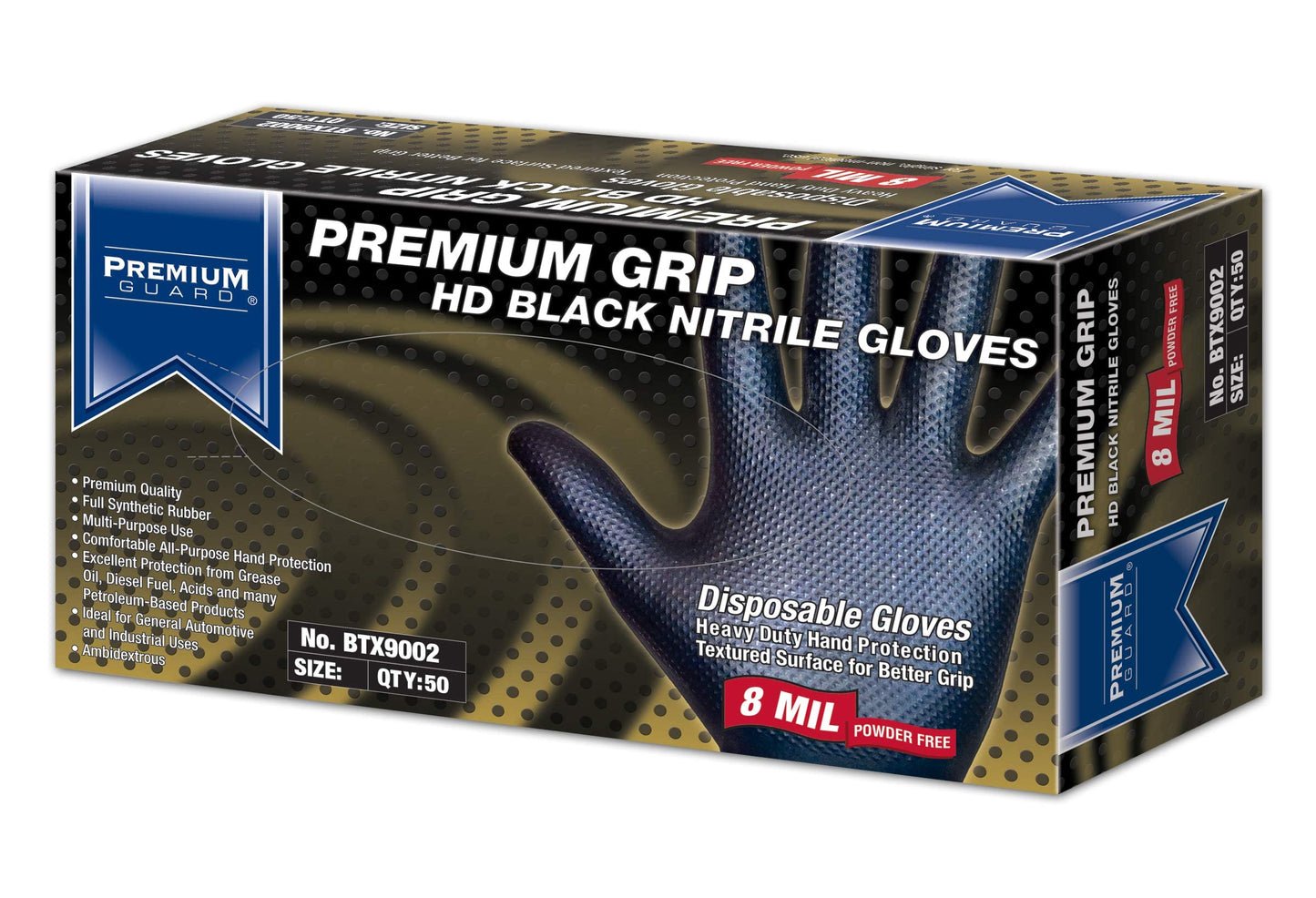 Premium Guard - Nitrile Gloves Heavy Duty 8 Mil Disposable, Powder Free, Black, 50 Gloves Per Box (Medium)