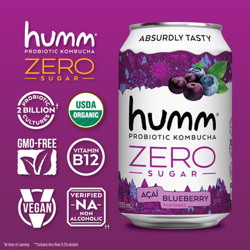Humm Probiotic Kombucha Zero Sugar Blueberry Acai - No Refrigeration Needed, Keto-Friendly, Organic, Vegan, Gluten-Free - 12Oz C