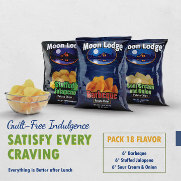 Moon Lodge Chips Variety Pack - 18 Bold Flavored Potato Chips - Barbeque, Stuffed Jalapeo, Sour Cream & Onion - Kosher & Halal S