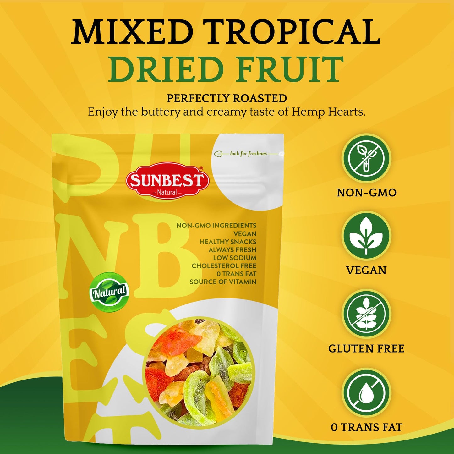 Sunbest Natural Tropical Dried Fruit Mix 48 Oz (3 Lbs) 1 Pack - Dried Mangoes, Pineapples, Papaya, Banana, Kiwi Exotic Medley - Non-Gmo, Vegan, Keto, Paleo Mix - Perfect For Cooking, Baking & Snacking
