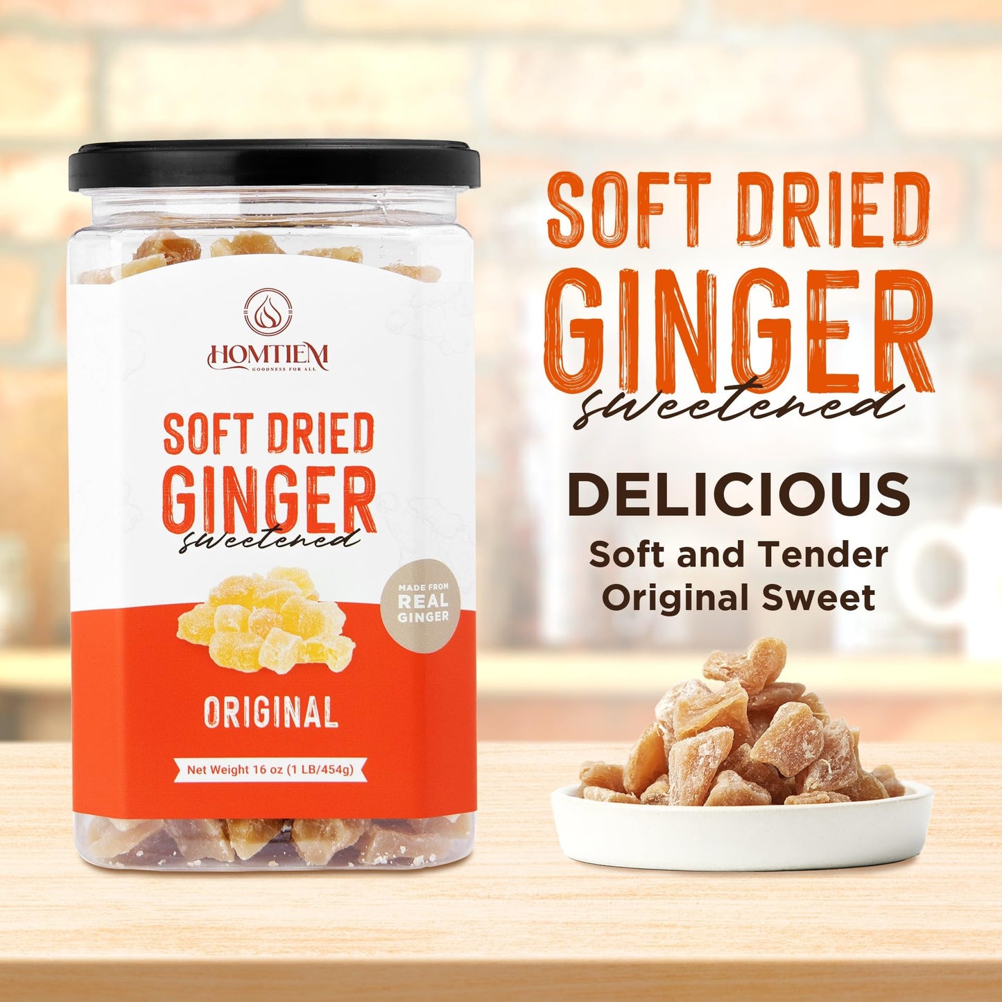 Homtiem Dried Crystallized Ginger(16 Ounce)Soft, Chews And Candied Delicious Gingers,No Artificial Colors, Easy To Eat, Keep And
